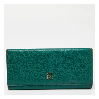 CH Carolina Herrera Green Leather Flap Trifold Continental Wallet