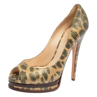 Casadei Beige/Green Lizard Embossed Leather Peep Toe Platform Pumps Size