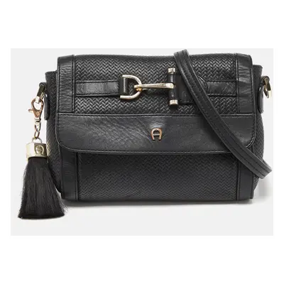 Aigner Black Textured Leather Cavallina Crossbody Bag