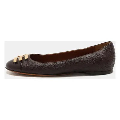 Etro Brown Embossed Leather Embellished Cap Toe Ballet Flats Size