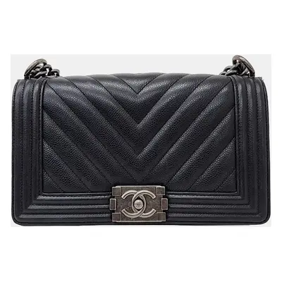 Chanel Black Caviar Chevron Boy Medium Bag