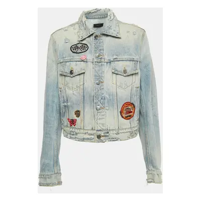 Amiri Blue Washed Distressed Patch Detail Buttoned Jacket