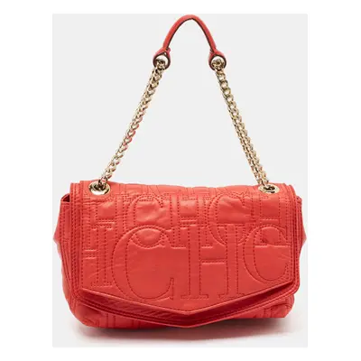 CH Carolina Herrera Red Monogram Leather Double Flap Shoulder Bag