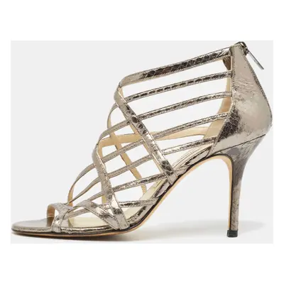 Jimmy Choo Metallic Grey Watersnake Strappy Peep Toe Sandals Size