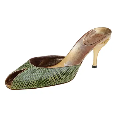 Gucci Green Snakeskin Embossed Leather Peep Toe Slide Sandals Size