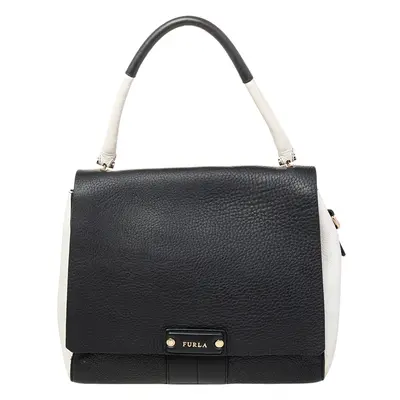 Furla Black/White Leather Flap Top Handle Bag