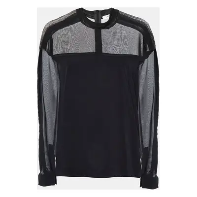 Sandro Black Silk & Knit Paneled Long Sleeve Top