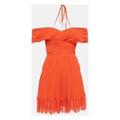 Self-Portrait Orange Lace Trim Chiffon Pleated Off-Shoulder Mini Dress