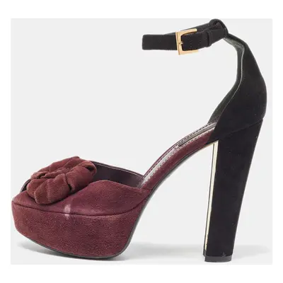 Louis Vuitton Burgundy/Black Suede Flower Peep Toe Platform Ankle Strap Sandals Size 37.5