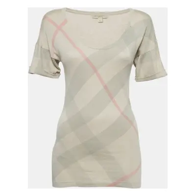 Burberry Brit Beige Checked Silk Blend Knit V-Neck T-Shirt