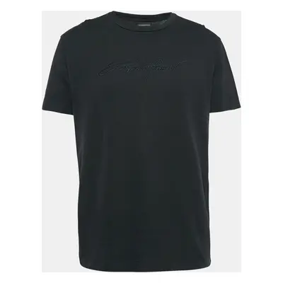 Emporio Armani Black Logo Embroidered Cotton Crew Neck T-Shirt