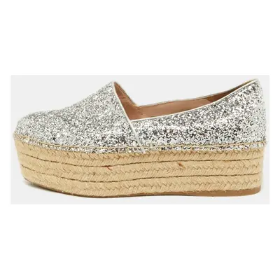 Miu Miu Silver Coarse Glitter Espadrille Platform Loafers Size 37.5