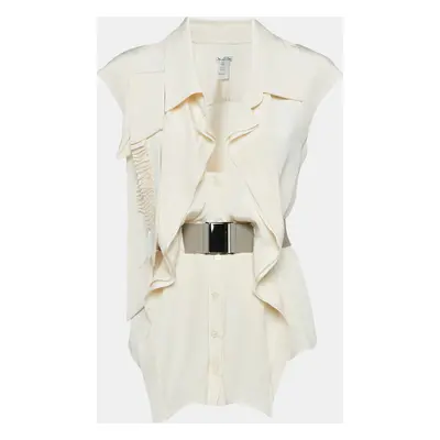 Oscar de la Renta Cream Silk Belted Sleeveless Blouse