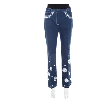 Escada Dark Blue Cotton Stretch Denim Embroidered Floral Motif Flared Jeans