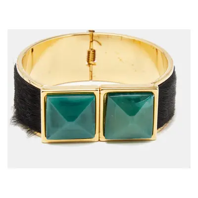 Marni Black Fur Horn Embellished Gold Tone Wide Bracelet