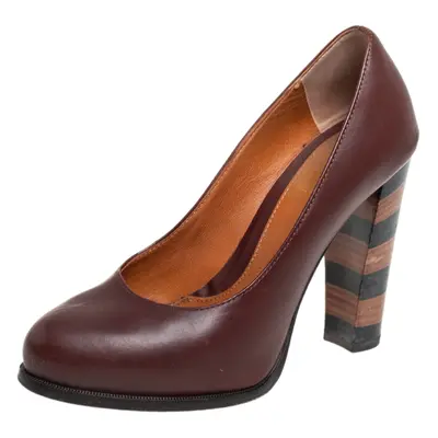 Fendi Burgundy Leather Pequin Block Heel Pumps Size