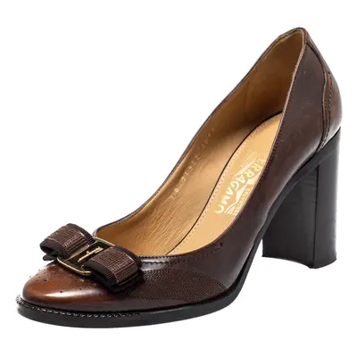 Salvatore Ferragamo Brown Leather Vara Bow Block Heels Pumps Size