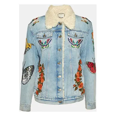 Gucci Blue Floral Appliqued Denim & Shearling Jacket