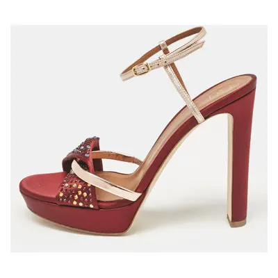 Malone Souliers Burgundy/Pink Satin and Leather Leather Lauren Crystals Sandals Size 39.5