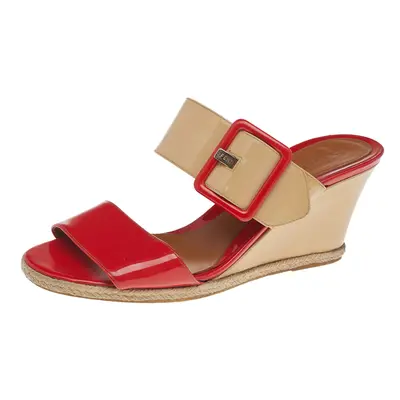 Fendi Orange-Beige Patent Leather Buckle Strap Wedge Espadrille Sandals Size