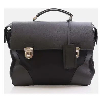 Prada Black Saffiano Trimmed Small Tessuto Flap-Top Briefcase