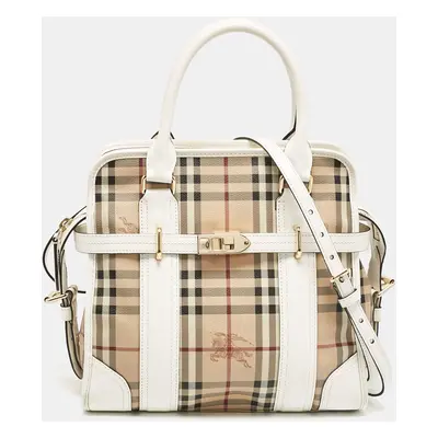 Burberry White/Beige Haymarket PVC and Leather PVC Minford Satchel