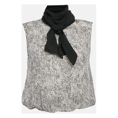 Elisabetta Franchi Black/White Printed Silk Bow Neck Top