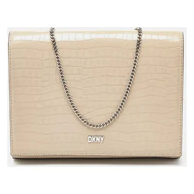 DKNY Beige Croc Embossed Leather Logo Flap Chain Shoulder Bag