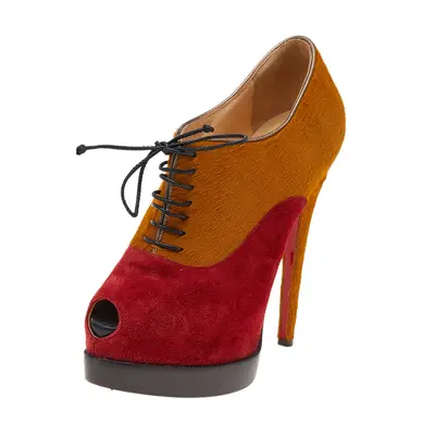 Christian Louboutin Yellow/Red Pony Hair And Suede Miss Poppins Peep Toe Platform Booties Size 3