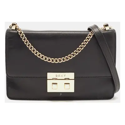 DKNY Black Leather Pushlock Flap Chain Crossbody Bag