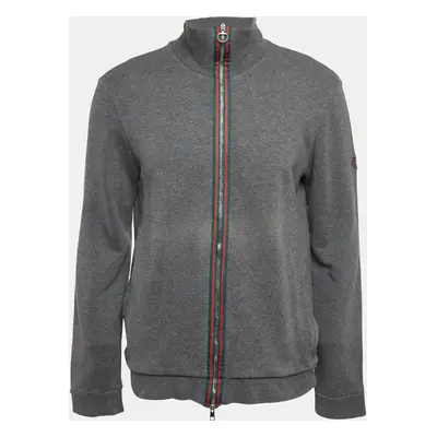 Gucci Grey Web Trim Cotton Knit Zip Front Hoodie