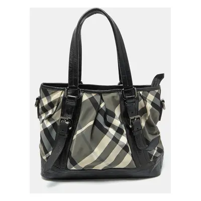 Burberry Grey/Black Beat Check Nylon and Patent Leather Lowry Tote