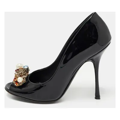 Dolce & Gabbana Black Patent Leather Crystal Embellished Peep Toe Pumps Size