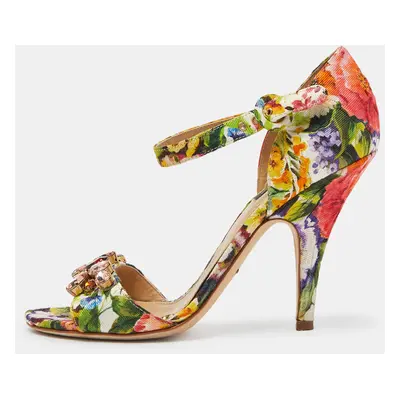 Dolce & Gabbana Multicolor Brocade Fabric Crystal Embellished Ankle Strap Sandals Size