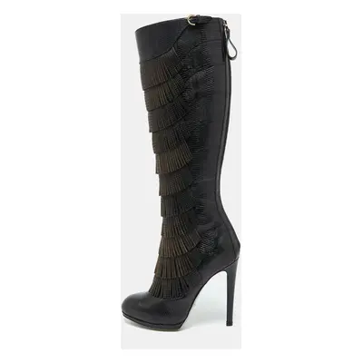 Sergio Rossi Black Lizard Embossed Leather Over The Knee Boots Size