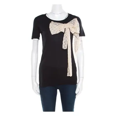 Red Valentino Black Jersey Contrast Bow Detail Raw Edged Top