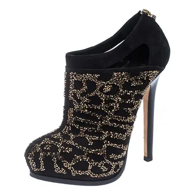 Fendi Black Suede Crystal Embellished Platform Ankle Booties Size