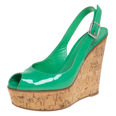 Gianvito Rossi Green Patent Leather Cork Wedge Platform Slingback Sandals Size