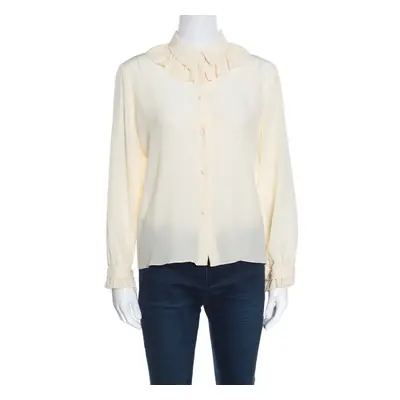 Kenzo Cream Ruffled Trim Detail Long Sleeve Silk Blouse