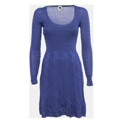 M Missoni Blue Patterned Knit Scoop Neck Flared Midi Dress