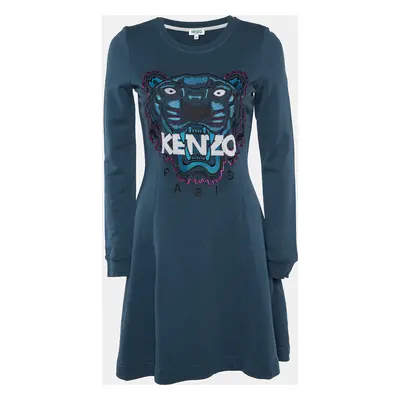 Kenzo Teal Green Tiger Embroidered Cotton Mini Dress