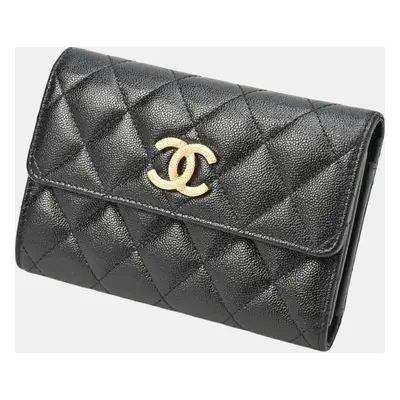 Chanel Black Gold Caviar Skin Matelasse Medium Flap Wallet