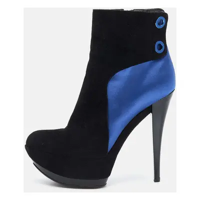 Casadei Black/Blue Suede And Satin Platform Ankle Boots Size