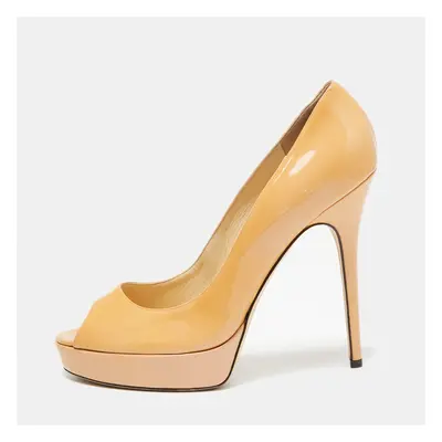 Jimmy Choo Beige Patent Leather Crown Peep-Toe Platform Pumps Size