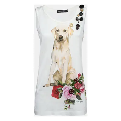 Dolce & Gabbana White Dog-Floral Print and Embellished Cotton Tank Top