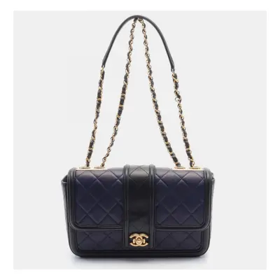 Chanel Navy Black Lambskin Matelasse Shoulder Bag