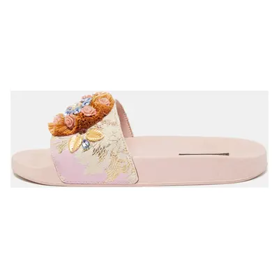 Dolce & Gabbana Pink Jacquard Fabric Embellished Slides Size