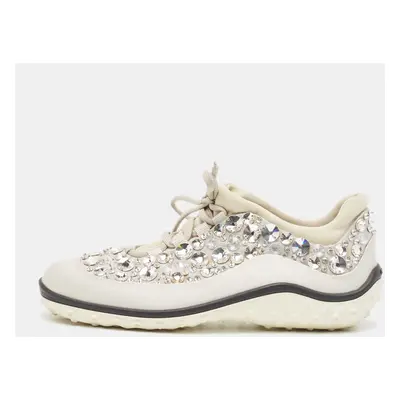 Miu Miu Silver Satin Astro Crystal Embellished Low Top Sneakers Size