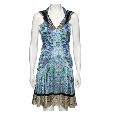 Roberto Cavalli Multicolored Printed Silk Lace Trimmed Dress