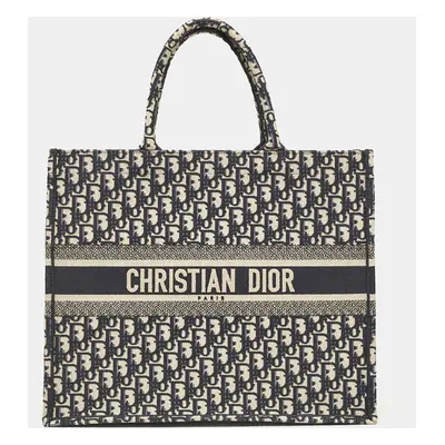 Dior Navy Blue Oblique Embroidered Canvas Book Tote